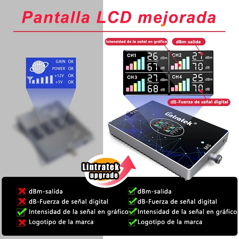 Lintratek Amplificador de señal de teléfono celular GSM DCS WCDMA  1800/2100/2600MHz repetidor de señal de triple banda para Asia Europa 2G 3G  4G