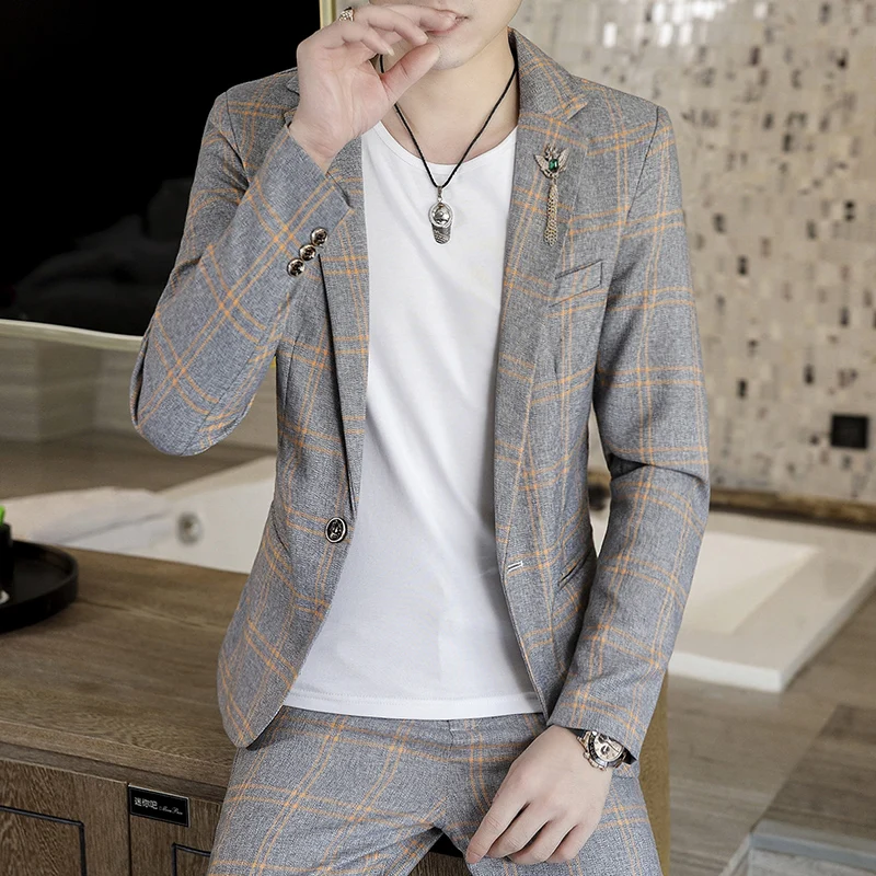 Spring 2025 Men's Stylish Slim Fit Checkered Suit Set Two-Piece Korean Trendy Casual Formal Outfit