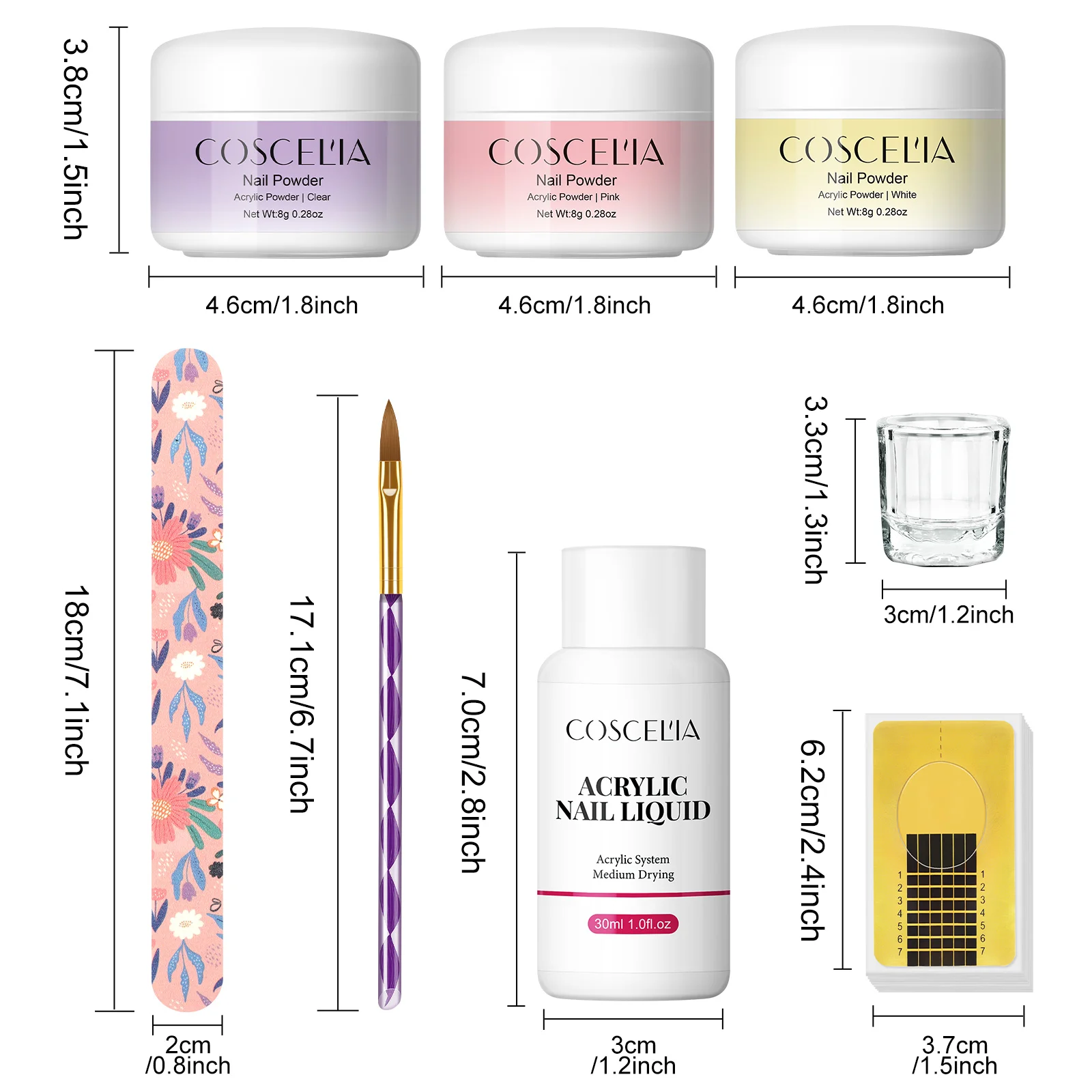 Coscelia 30ML Acrylic Liquid Kit with 3PCS Acrylic Powder and Nail Art Pen Brush for Nails Quick Nail Building Nail Tools 6