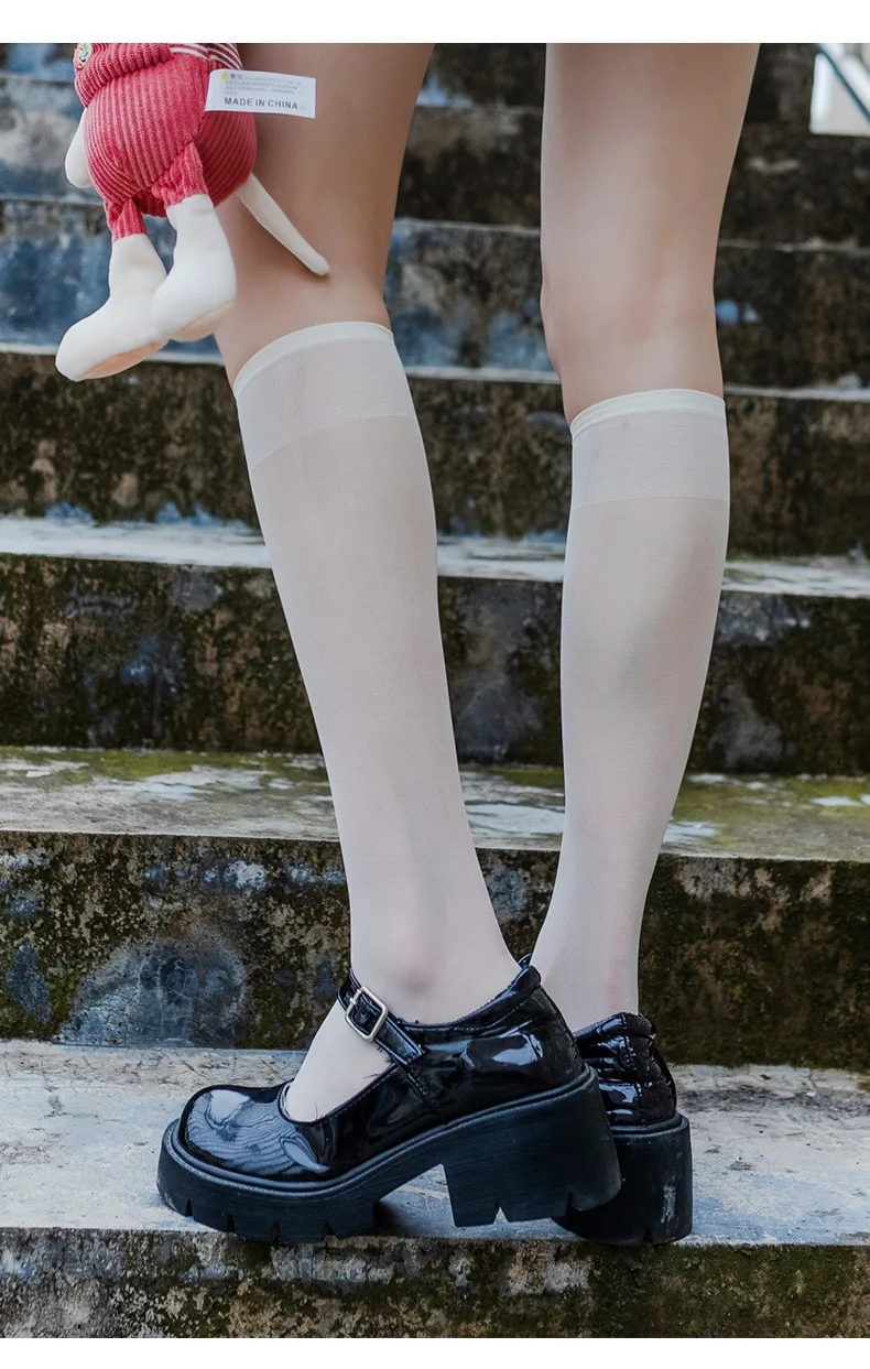 Süße Gothic-Netzsocken, kniehohe, transparente Nylonstrümpfe, Sommer-Dessous-inspirierte Beinwäsche in Weiß, Schwarz, Braun – Detail 9