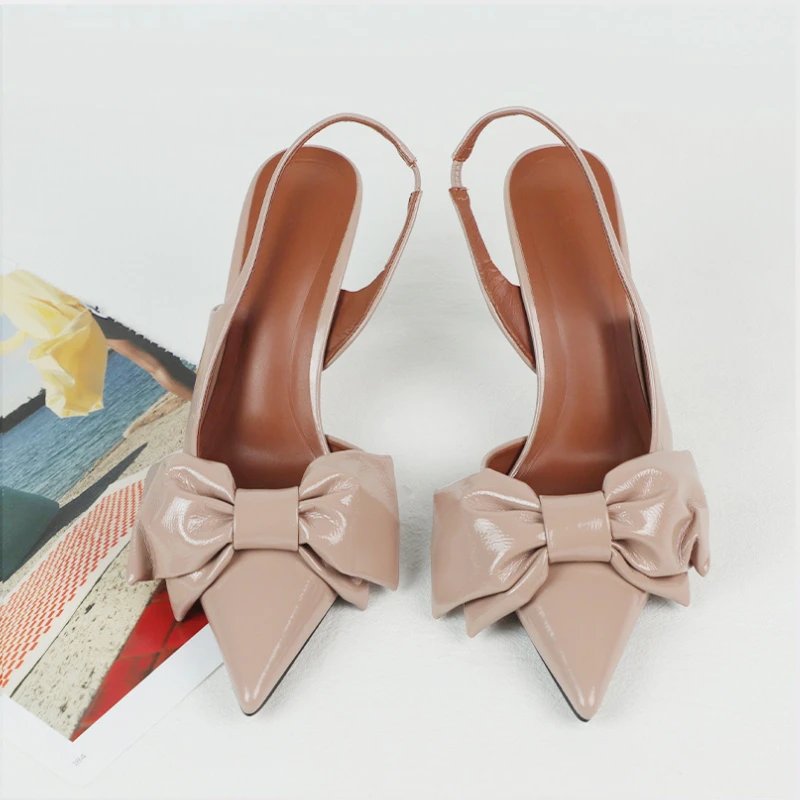 Women High Heels Bowknot High Heels Women Party Prom Shoes Patent Leather Stilettos Pointed Toe Summer Slingbacks Classic Design Ladies Sandals