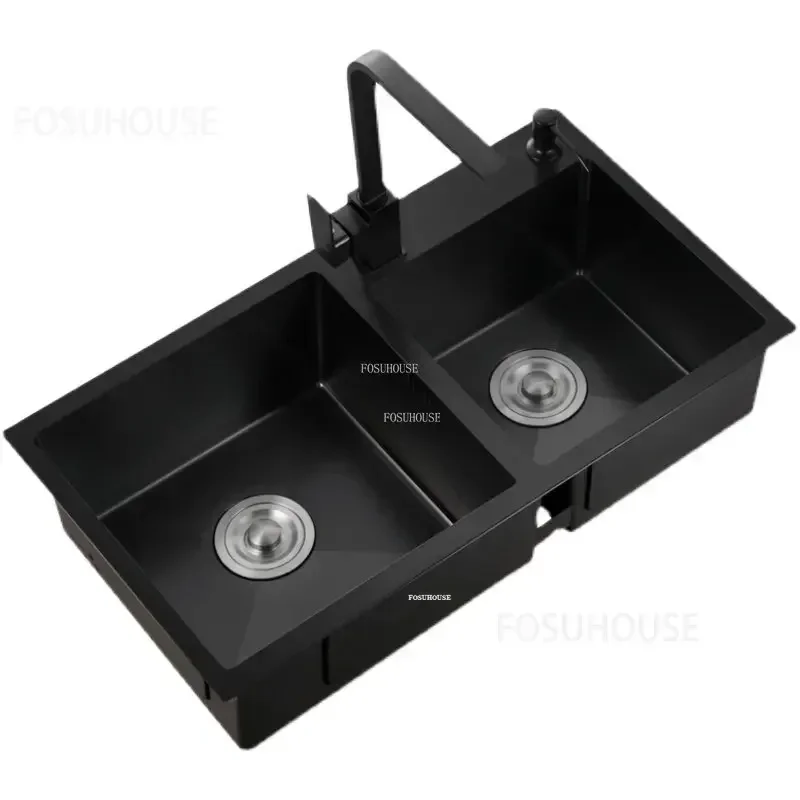 Thickened Kitchen Accessories Nano Handmade Kitchen Sinks Stainless Steel Black Double-slot Home Washbasin With N 5