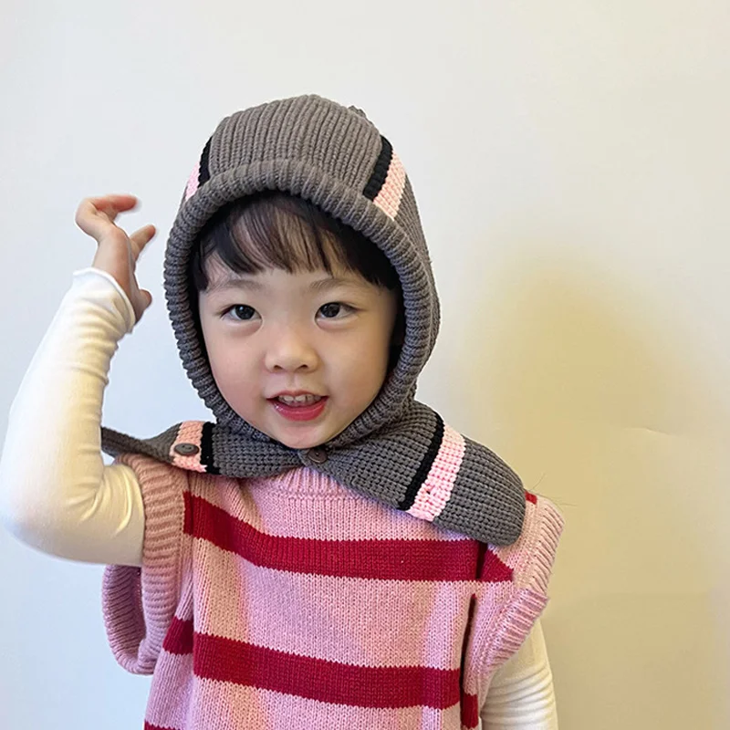 Winter Warm Baby One Piece Scarf Cap 3-6year Kid Ear Protection Knit Hat Korean Stripe Children Balaclava Headgear Hooded Beanie 5