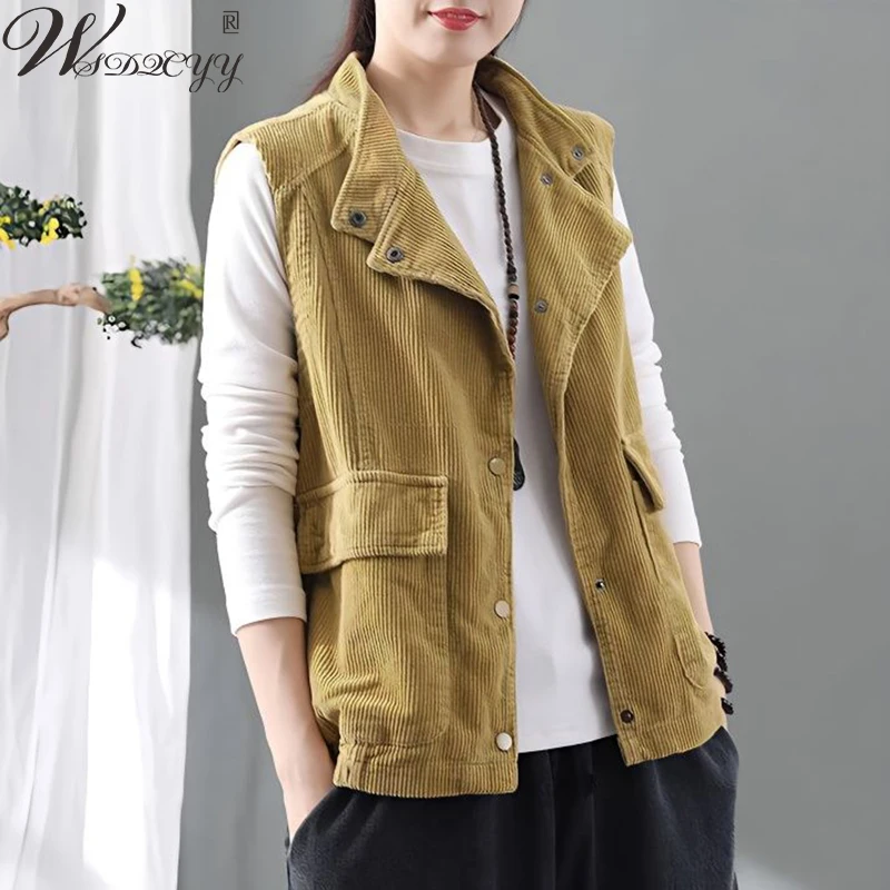 Vintage Corduroy Cropped Vest For Women Solid Colors Casual Sleeveless Jacket Spring Autumn Oversized Single Breasted Waistcoat solid faux fleece cropped vests spring women classic teddy coat casual loose sleeveless jackets streetwear fashion chalecos 2023