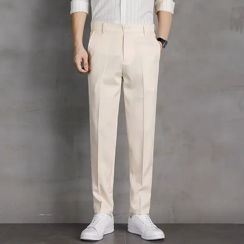 Pantalones de oficina rectos y elásticos de 9 pulgadas recortados para hombre, pantalones de trabajo para hombre, pantalones de traje elásticos con trenzas, ajustados, baratos, para vestir, informales