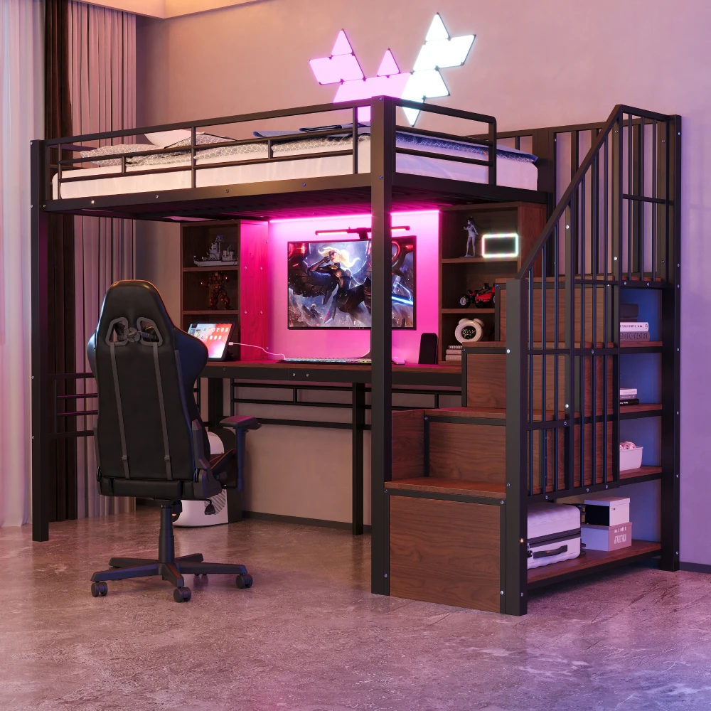 Hochbett 90×200cm, mit Regal, Schreibtisch, Steckdose und LED-Beleuchtung, integriertem Stauraum-Treppenhaus (links/rechts montierbar), Eisenrahmen – Detail 20