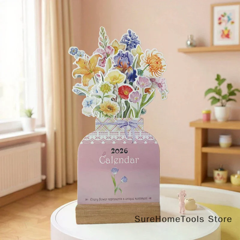 Environmentally Friendly Paper Flower Desktop Calendar Wooden Stand Calendar Cute Exquisite Decorative Ornament Natural Wood
