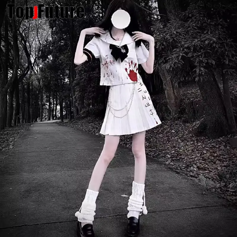 Women Y2K Bloody JK Orthodox Uniforms Hand-painted Gothic Punk Hurt Bad Sick Girl Lolita Japanese sailor suit JK uniform