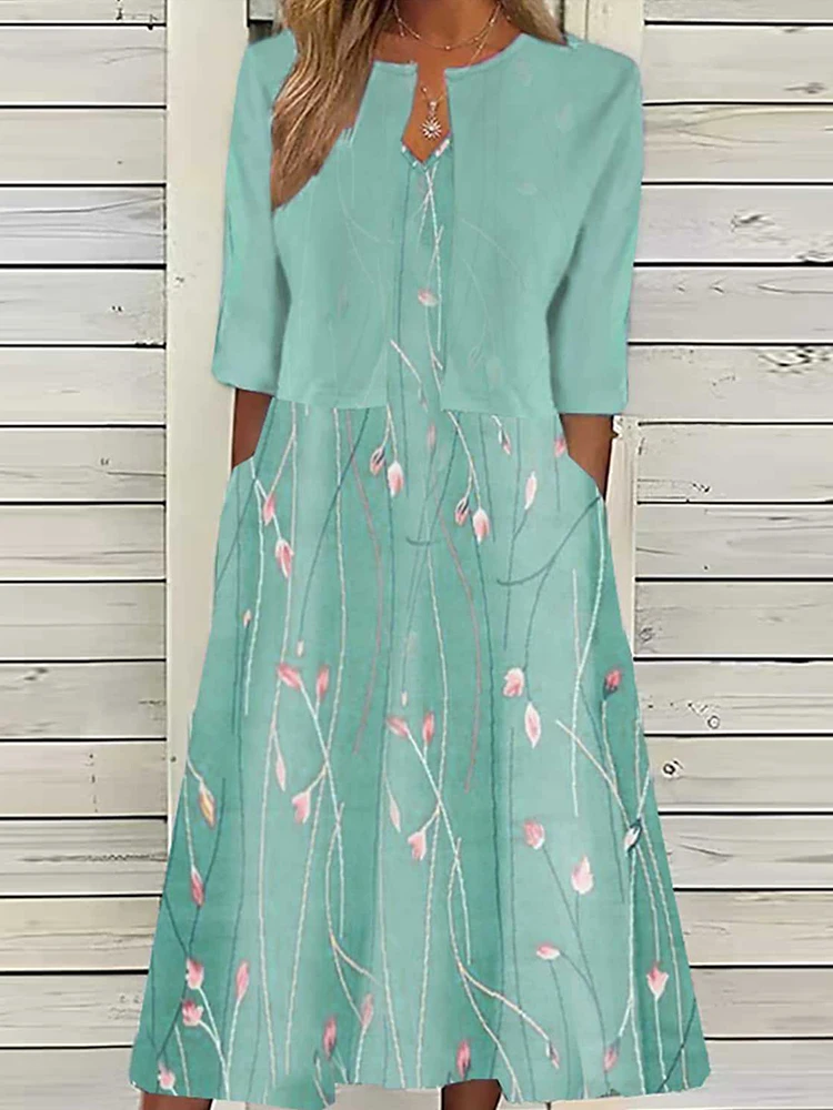 

Fashion Two Pieces Matching Sets Women Spring Summer Printing Pocket Loungewear Outfit Cardigan Top Maxi Dress Streetwear Suits