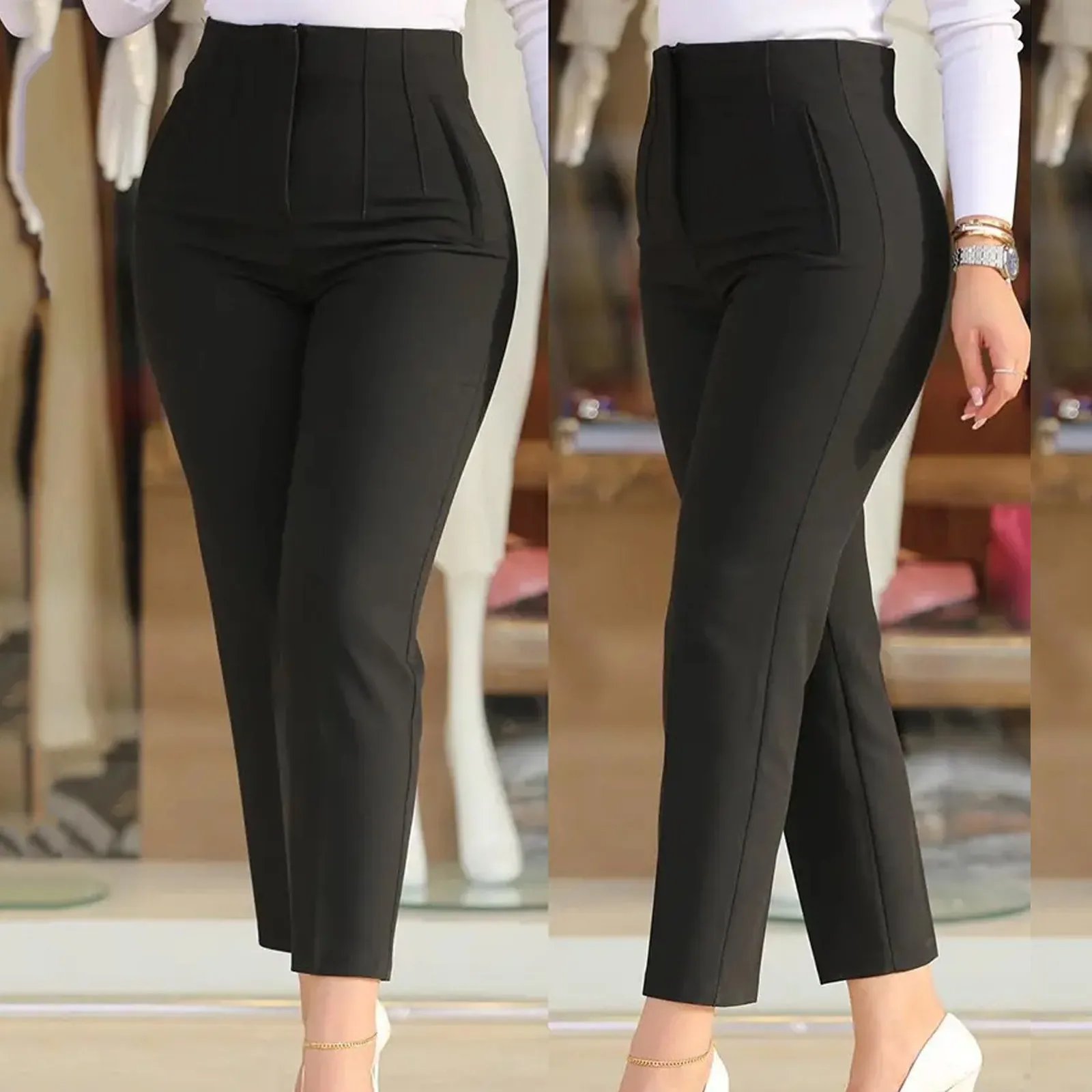 

Women Cropped Pants Solid Zipper Trouser Elastic High Waist Baggy Leggings Black Suit Bottoms Elegant Female Jogging Pantalone