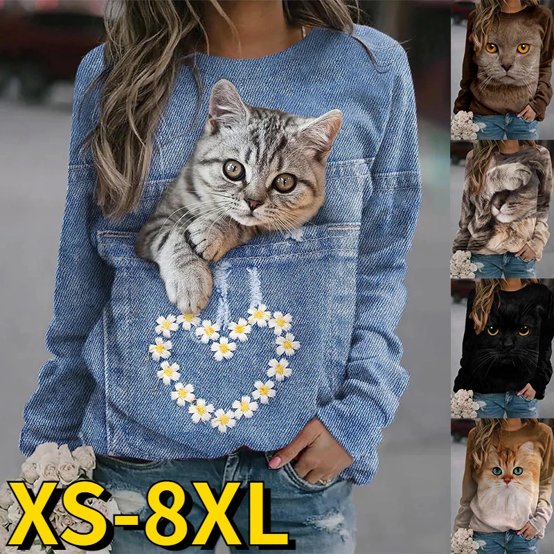 

Women Sweater Retro Round Neck Animal Printed T-shirt Everyday Street Fashion Abstract Autumn Winter Elegant Pullover Tops Tee