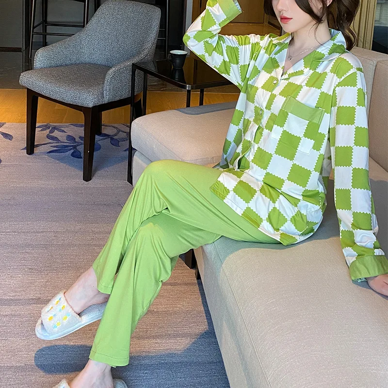Women 2 Pieces Pajamas Sets Cotton Pijama Plaid Female Pyjama Sleepwear Long Sleeve Lapel Shirt Pants Suit Homewear Loungewear