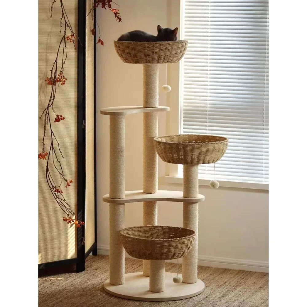 

2024 New 54" Modern Cat Tree for Large Cats, Wood Luxury Multi-Level Oak Solid Wood Cat Trees and Towers