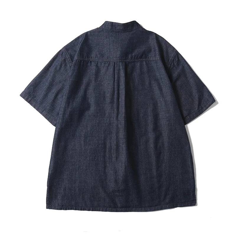 Men Summer Chinese Style Buttons Stand Collar Streetwear Vintage Loose Casual Short Sleeve Denim Shirts Cityboy Blouses Man 2