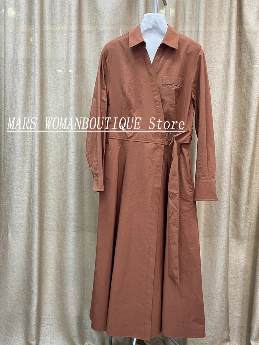 

Women's Monochromatic Lace-Up Shirt Dress, Long Sleeve Midi Robe, Bead Chain Pocket, Turn-Down Collar, Temperament, Female