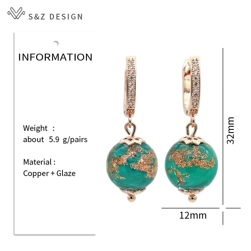 S&Z DESIGN Vintage Handmade Coloured Glaze Dangle Earrings For Women Wedding 585 Rose Gold Color Chinese Style Jewelry