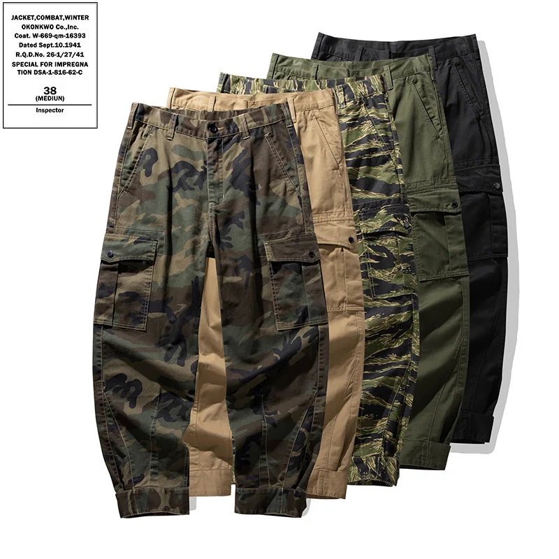 OKONKWO-Motorcycle Riding Pants M-64 MOD Military Style Loose Fit Camo Multi Pocket Trousers Outdoor Hiking Trekking Camp Longs