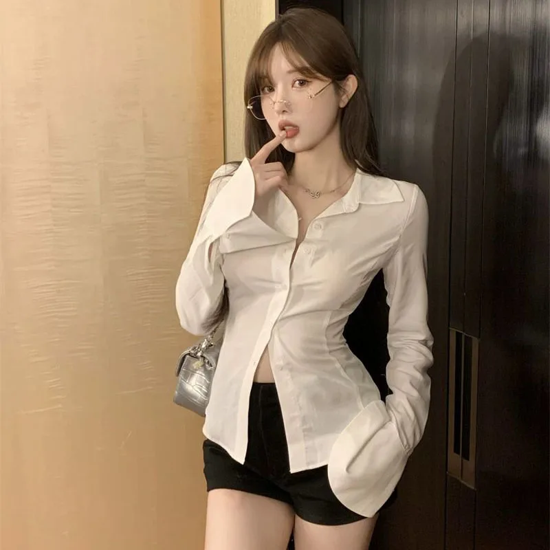 여성용 섹시한 슬림 화이트 쉬폰 셔츠, 턴다운 칼라 플레어 슬리브 튜닉 붕대 블라우스, 싱글 브레스트 오피스 레이디 상의