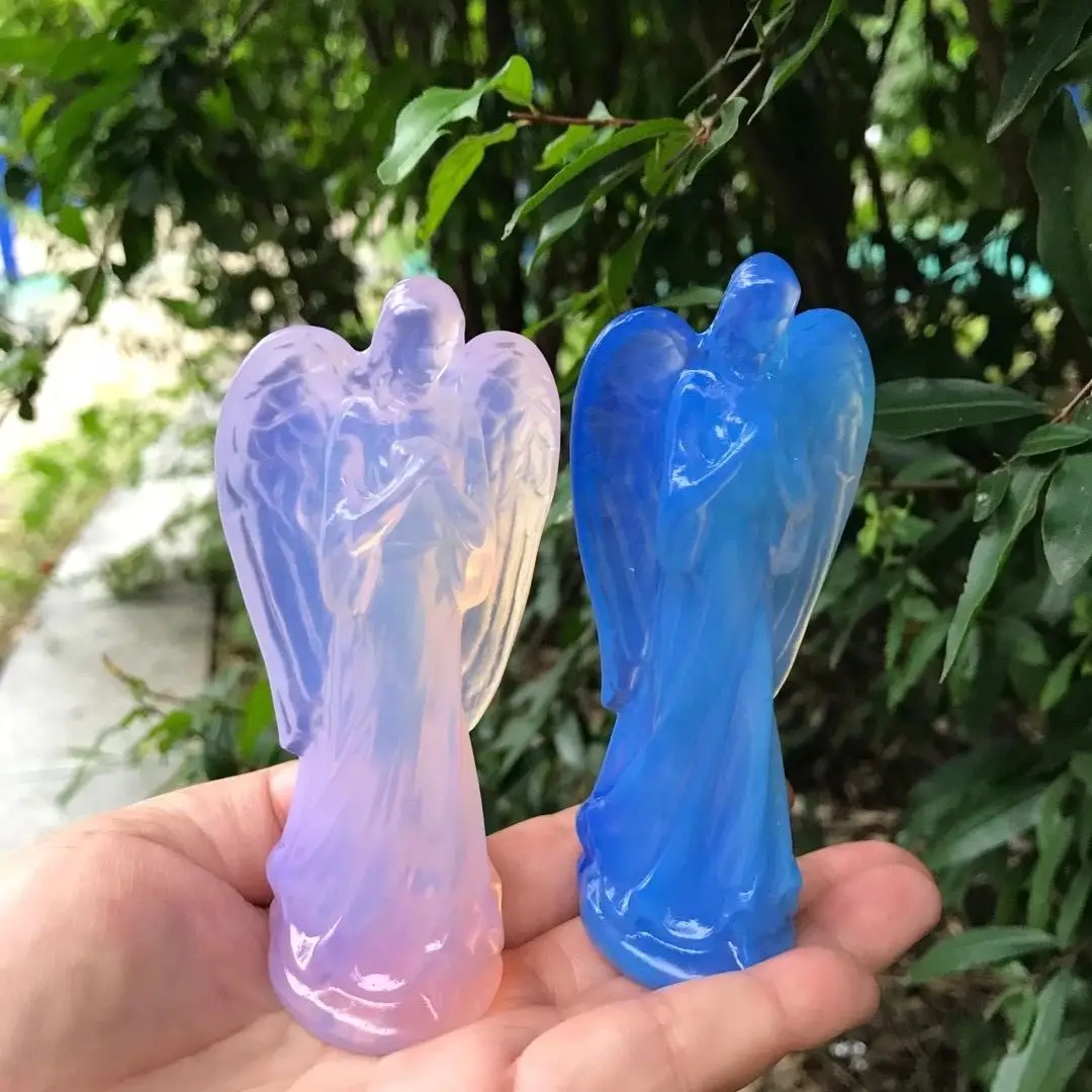 

Natural blue pink Angel Statue Stone Carving opal Crystal Reiki Healing Figurine Home Decoration Trinket Craft Gift