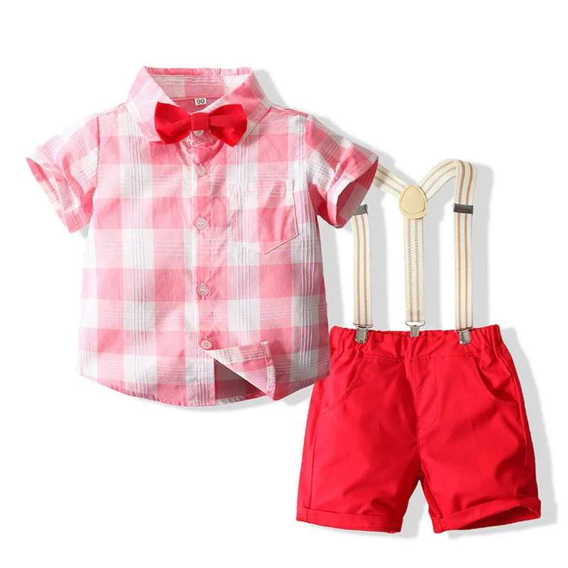 

Summer Kids Baby Boy Formal Suit Plaid Short Sleeve Bow Shirt+Pants Suspenders Shorts 2Pcs Children Handsome Gentleman Outfit