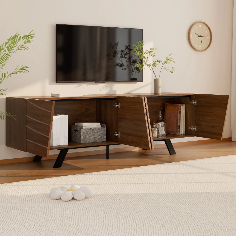 160 x 39 x 50,5 cm großer TV-Schrank mit Wellenfront, Lowboard in Walnuss-Optik mit schwarzen Eisenbeinen, großer Stauraum, Kabelmanagement und Stauraum – Detail 8
