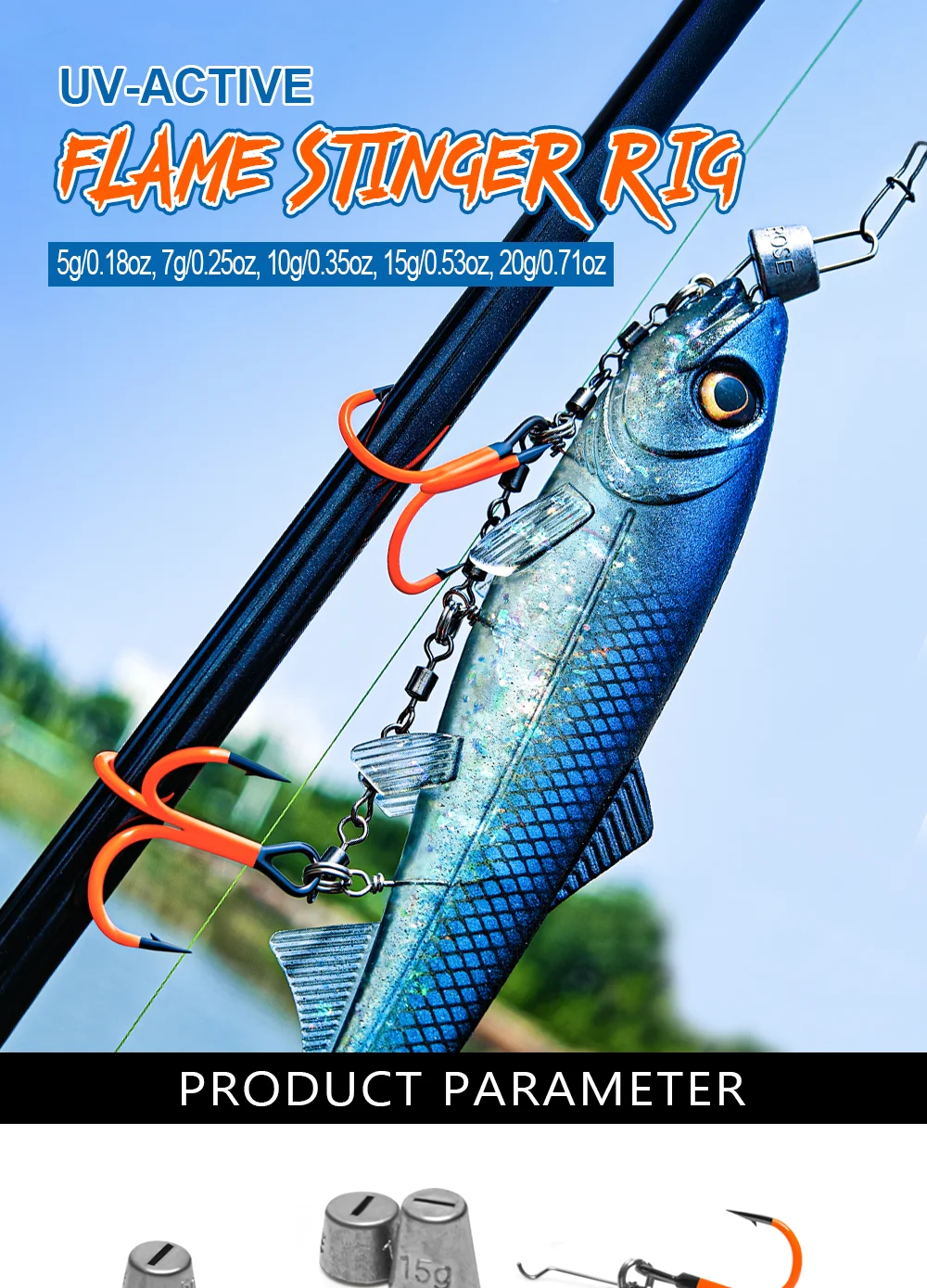 Spinpoler Multi-Depth Flame Stinger Rigs # 1 # 1/0 # 2/0 UV Orange Drillinge mit Gewichten Pike Craft flache Schrauben Angelsets – Detail 1