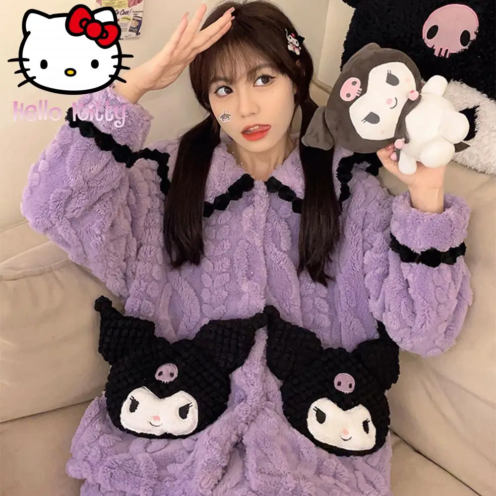 

Sanrio Kuromi Cinnamoroll Melody Kawaii Women Pajamas Cartoon Oversize Autumn Winter New Velvet Cotton Thicken Y2K Jumpsuits