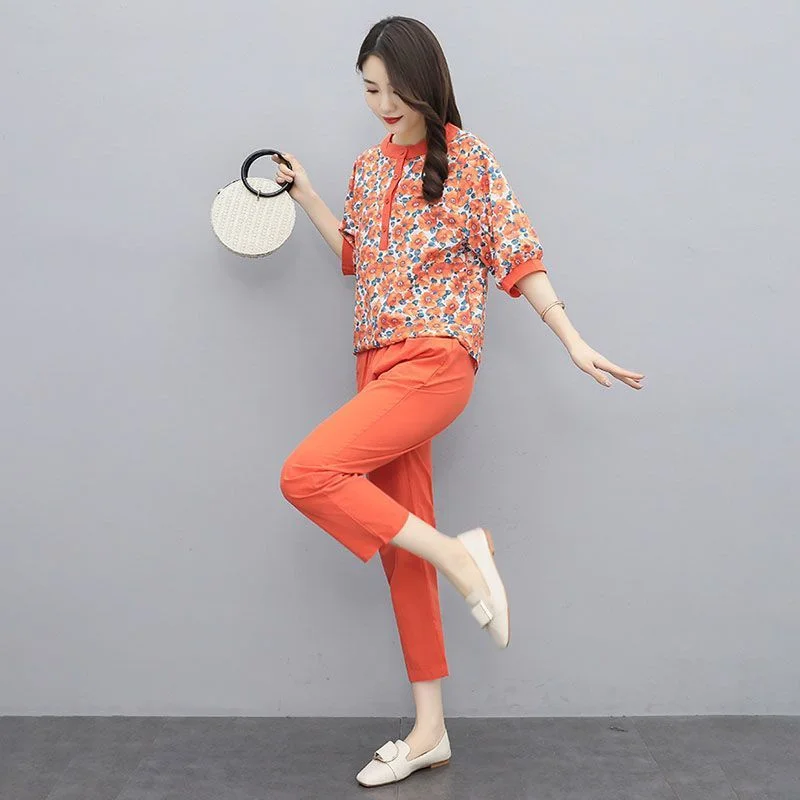 2024Summer New Suit Women Cotton Hemp Slim Two-Piece Printed Shirt Eight-Point Feet Pants Small Western Coat Female Tops Outfit