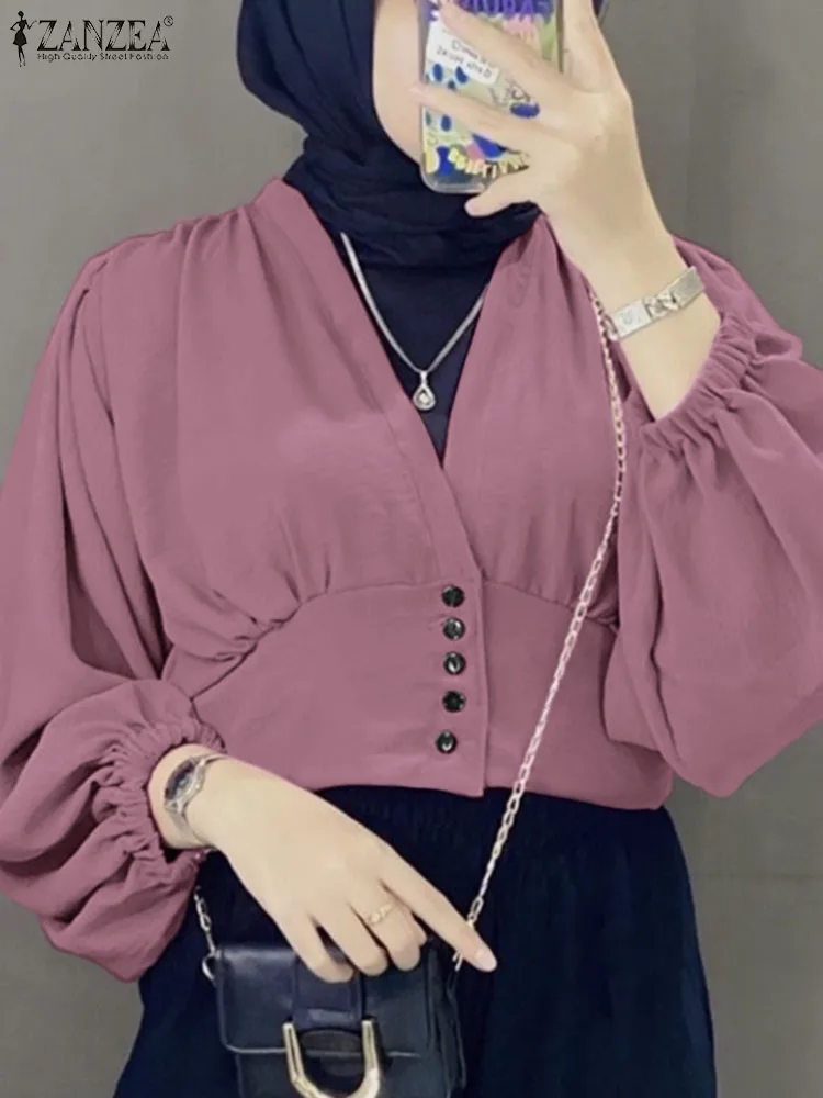 

Women Muslim Fashion Blouse Long Puff Sleeve Shirt Causal V Neck Tops ZANZEA Autumn Blouses Islam Clothing Cropped Blusas Femme