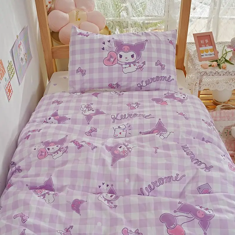 

Kawaii Sanrio Anime Series Cartoon Kuromi Cute Bed Sheet Quilt Cover Pillowcase Bed Set Three-piece Children's Birthday Gift