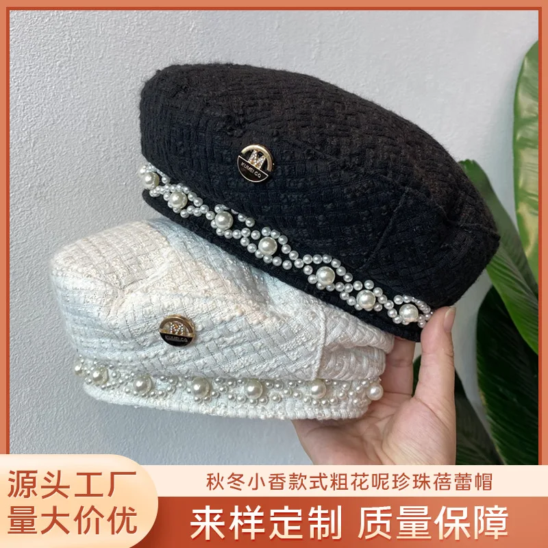 

Pearl Beret Hat for Women Cotton Spring Retro French Winter Black Red French Artist Flat Fashion Black Lady Vintage Cap