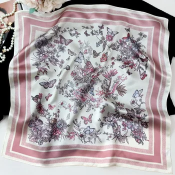 Primavera 100% Sciarpa quadrata in seta naturale Donna Designer di lusso Farfalle Bandana Foulard Femme Autunno Moda Fazzoletto da collo Avvolge 1