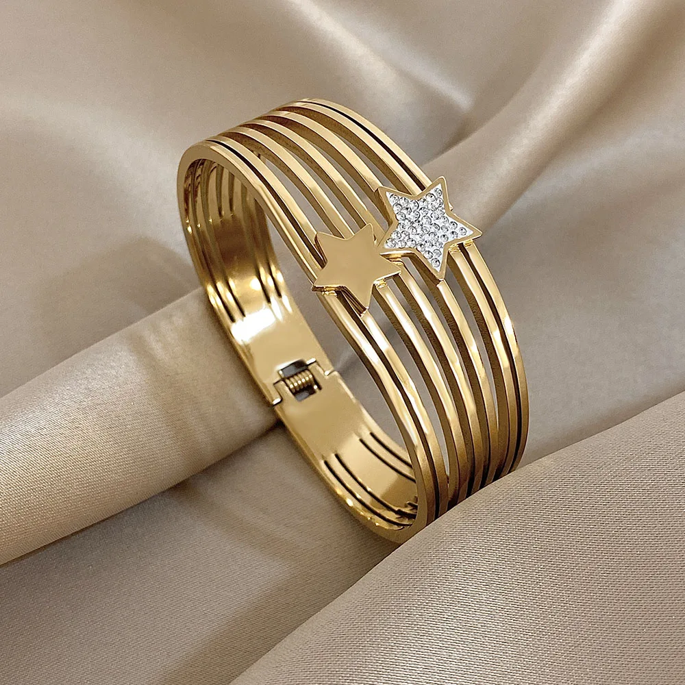 Mode Gold Farbe Edelstahl Manschette Armband für Frauen Strass Stern Layered Armband Armreif Armbänder Chunky Schmuck – Detail 7