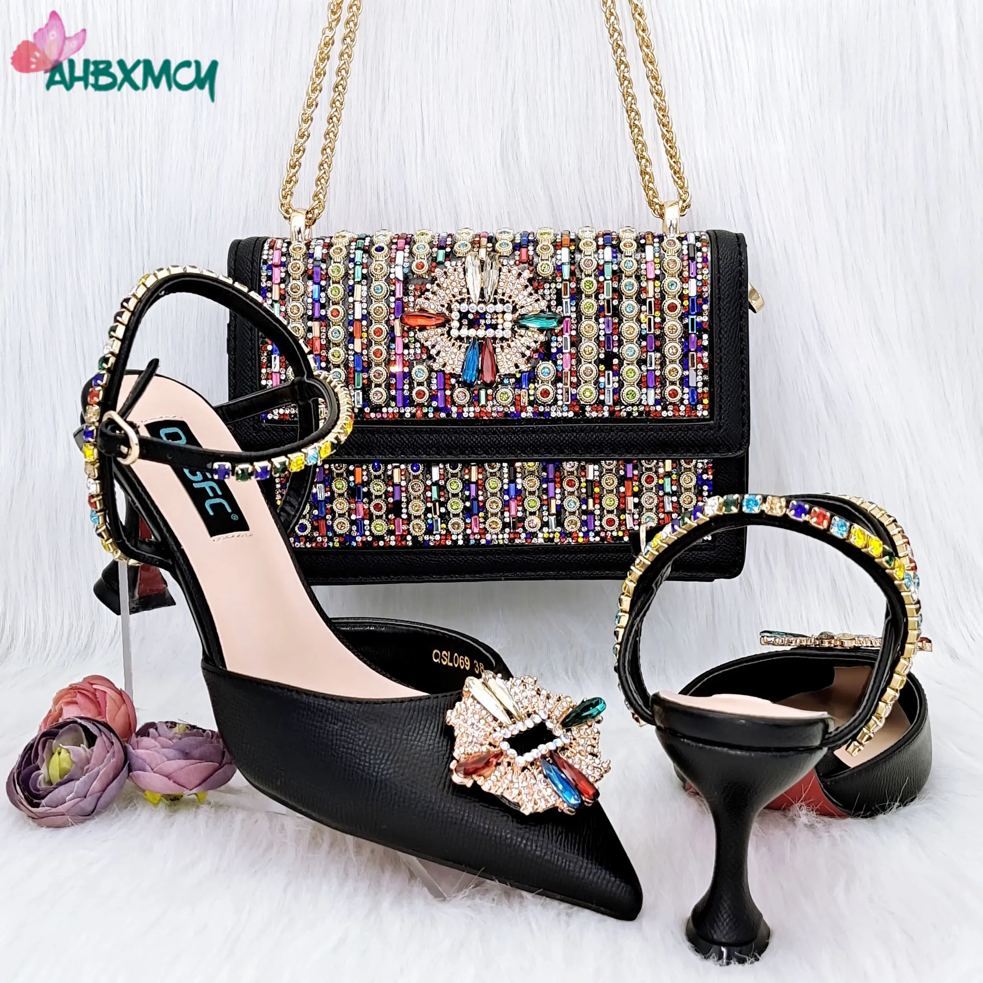

Mature New Design Sexy Ladies Super High Heels Shoes Matching Bag Set in Rainbow Color with Shinning Crystal for Party