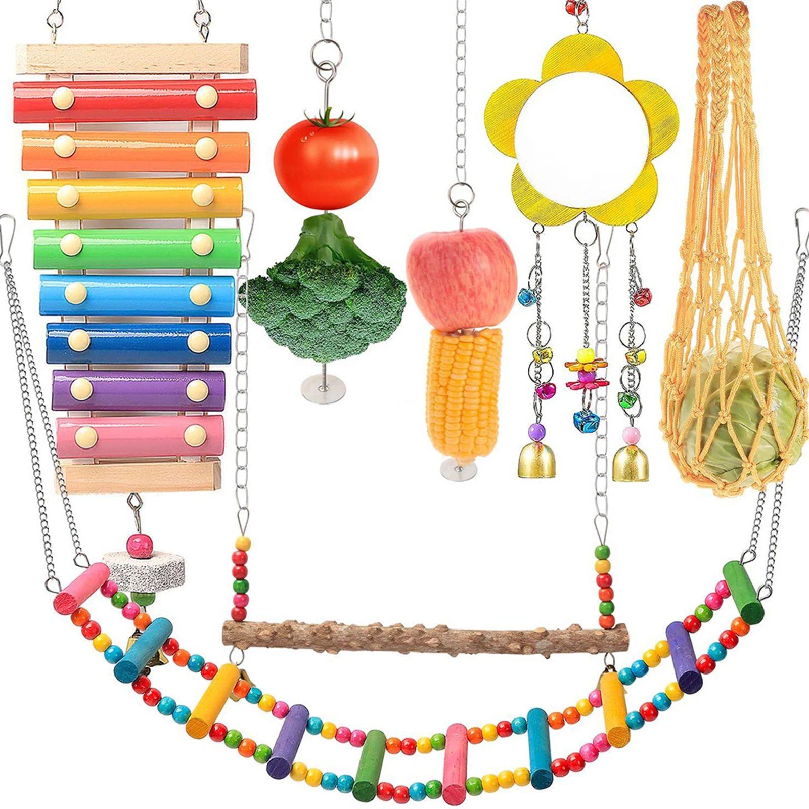 7PCS Chewing Foraging Toy Hanging Feeder Bell Toys Parrot Playing Training Toys for Budgerigar Parakeet Conure Cockatiel Mynah