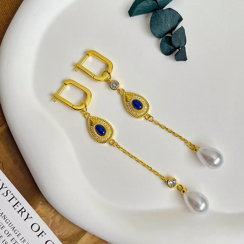 

Vintage 9K Solid Gold Natural Lapis Pearl Long Ear Buckle Dangle Drop Chunky Bronze Earring Italian Retro Baroque Pearl Jewelry