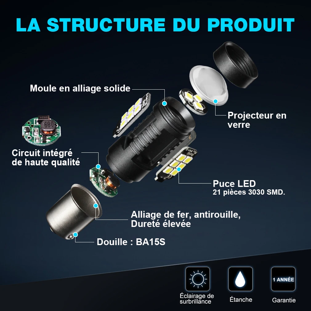 Feux de freinage voiture 1156 850LM P21W BA15S 100W LED