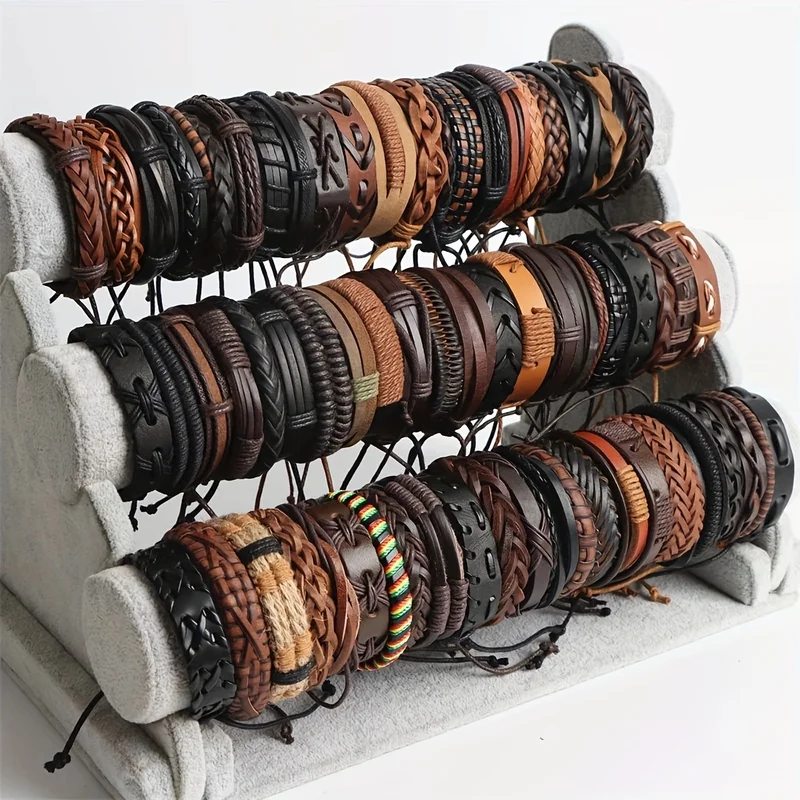 20Pcs Braided Leather Bracelets for Men Women Wrap Wood