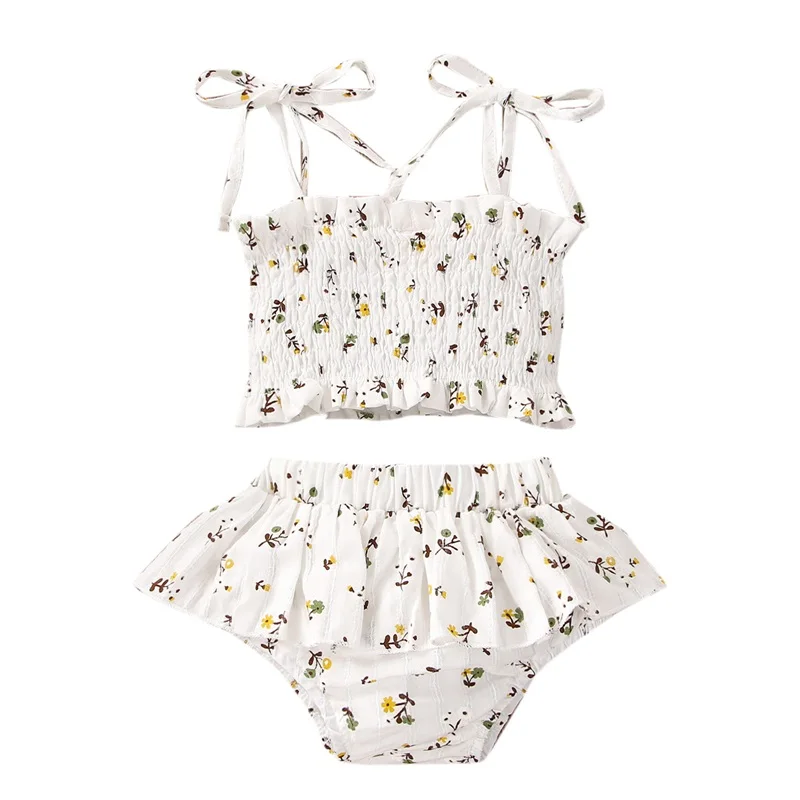 Baby Clothing Set for boy 2022 Newborn Baby Girls Shorts Outfits Clothing Set Cute Flower Print Sling Pleated Tie Up Tops+Elastic Ruffle Shorts Infant Set best Baby Clothing Set Baby Clothing Set