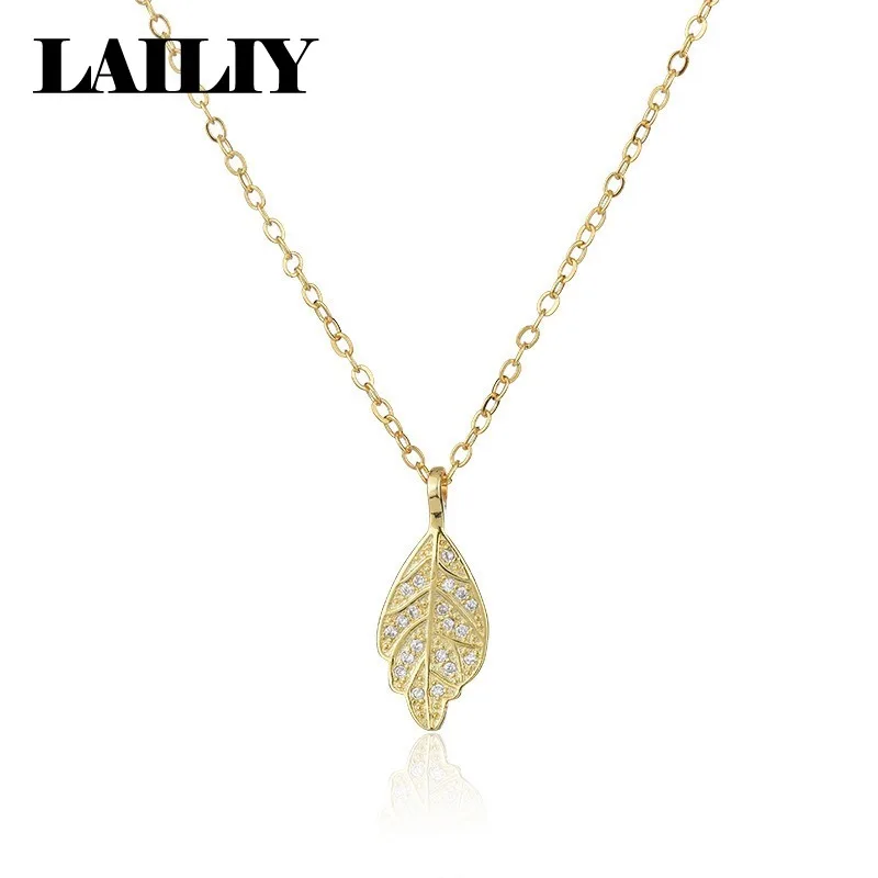 LAILIY 18K 골드 마이크로 세팅 지르콘 골든 브랜치 제이드 리프 펜던트..