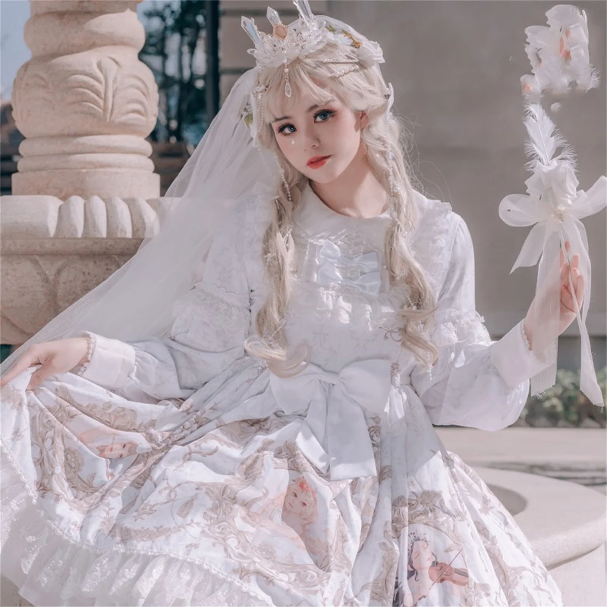 

Элегантное платье для вечеринки во французском ретро-стиле Op Lolita, мягкое кружевное платье с принтом ангела, ребенка, винограда, цветов, рукава-фонарики, кукольный воротник, бант