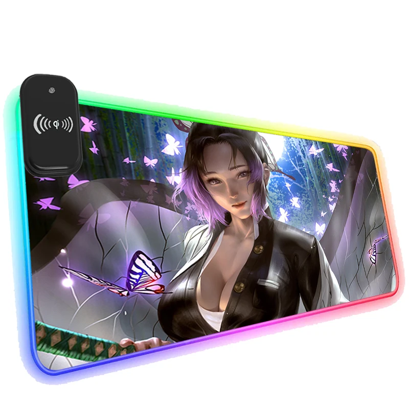

Gaming Mouse Pad RGB Phone Wireless Charging Demon Slayer Shinobu Kochou Gamer Cool HD Picture Mousepad XXL Keyboard Mat Deskmat