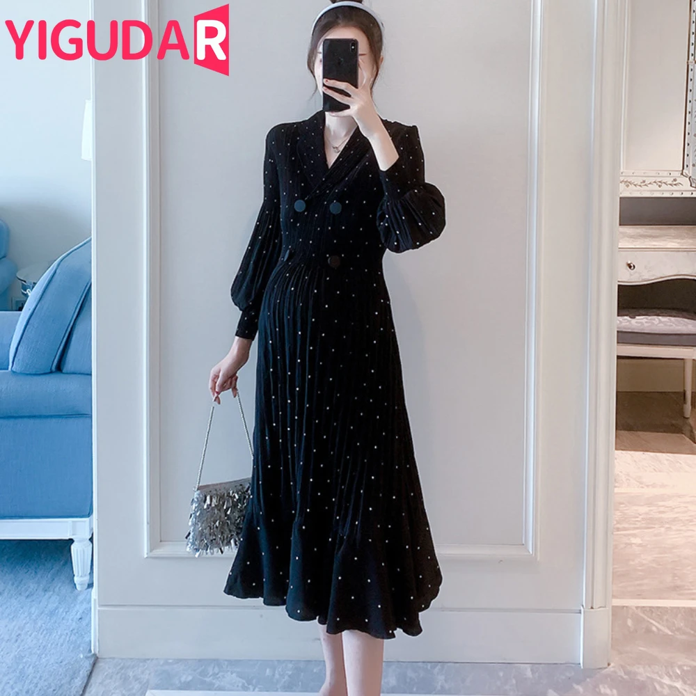 Maternity Clothes Pregnancy Dress For Spring 2023 New Fashion Turn Collar Dot Pattern Pleated Long Sleeve Vestidos de fotografia fashion detachable large lapel   and white contrast color bow brooch pleated pattern elastic and waisted cotton padded coat