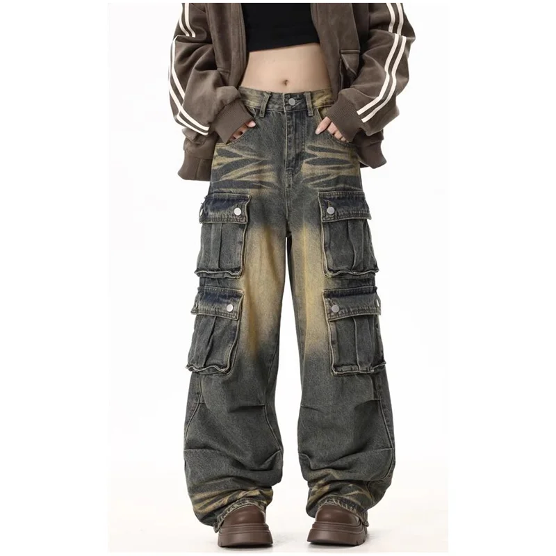 

Womens Jeans High Waist Baggy Vintage Multiple Pockets Straight Hip Hop Y2K Pants Streetwear American Wide Leg Denim Trouser