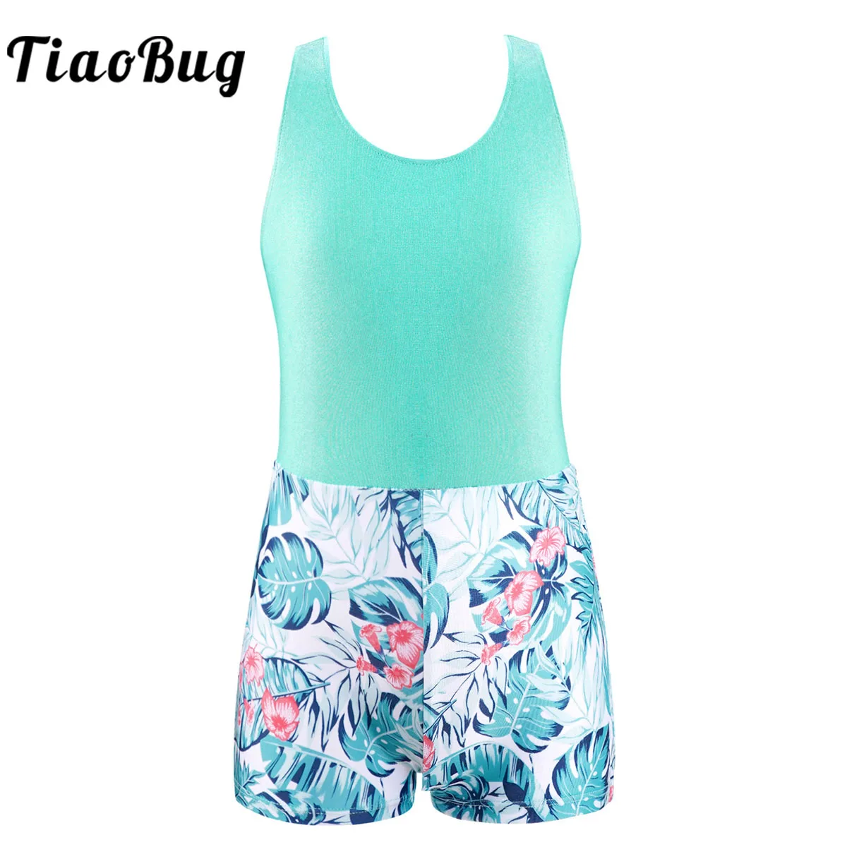 

Kids Girls Sleeveless Cut Out Back Shorty Bodysuit Jumpsuit Printted Ballet Gymnastics Workout Leotard Costume Swimwear Swimsui