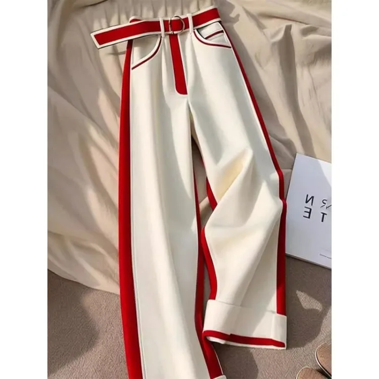 White Red Patchwork Thicked Warm Pants for Women Y2k Straight Loose Wide Leg Pants 2025 Spring New High Waist Trousers