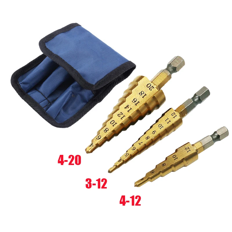 3Pcs 3-12mm 4-12mm 4-20mm HSS Straight Groove Step Drill Bit Titanium Coated Wood Metal Hole Cutter Core Cone Drilling Tools Set xcan hss step cone drill bit set 3pcs 4 12 4 20 4 32mm titanium coated wood metal drilling tool hole cutter core drill bit