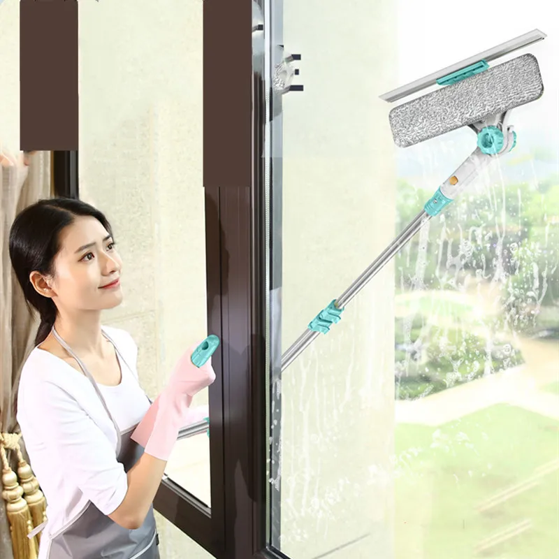 Telescopic Window Glass Cleaner Or 2 Rag Microfiber Head High-rise Building Wipers Dust Mud Cleaning Glass Scraper Spin Scrubber
