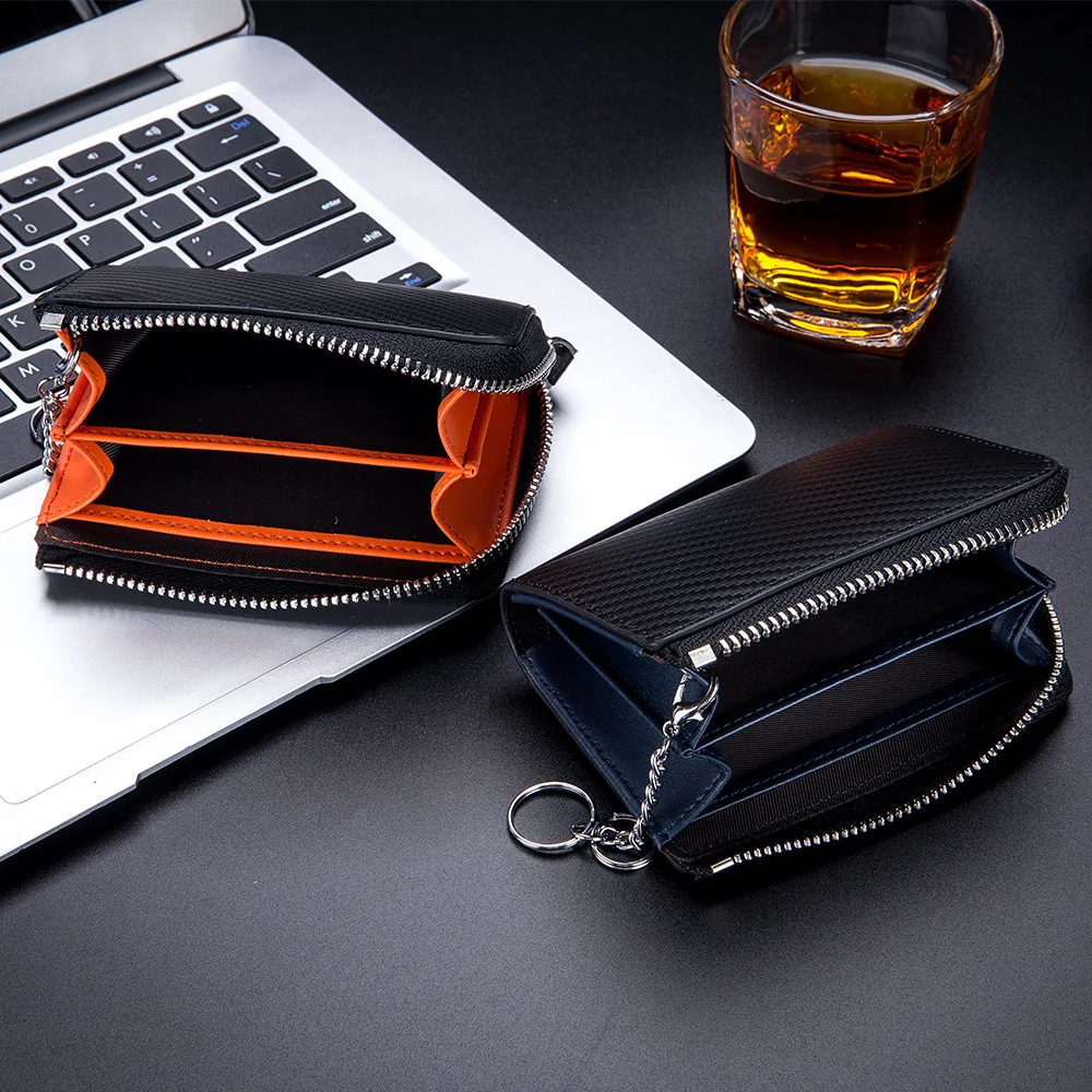 Leather Carbon Fiber Card Bag  Men's Zipper Business Card Clip Rfid Coin Purse