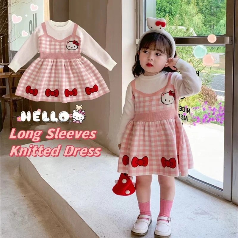 Kids Dresses Girls Kawaii Hello Kitty Dress Baby Girl Sanrios Cute Knitted Princess Dress Cotton High Quality Children Clothing